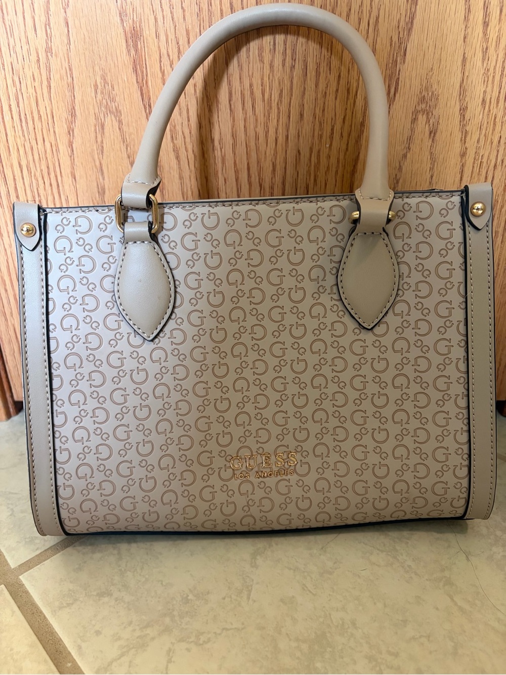 GUESS Beige Logo Satchel with Gold Hardware